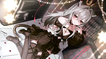 animal ears braids breasts choker cleavage crown dress gray hair long hair red eyes tail thighhighs trtrpnk