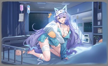 animal anthropomorphism azur lane bandage bandaid barefoot bed bird breasts cat smile cleavage long hair manjuu (azur lane) mask namyo night no bra open shirt purple eyes purple hair santa fe (azur lane) shirt transparent