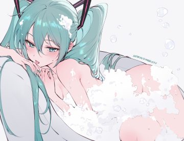 aqua eyes aqua hair bath bathtub blush breasts bubbles hatsune miku long hair nude qiandaiyiyu signed twintails vocaloid water