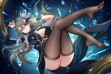 anus breasts cleavage dress gray hair honkai impact honkai (series) long hair nopan pink eyes pussy thighhighs uncensored vita (honkai impact) wristwear wu ganlan cai
