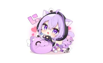animal ears blush catgirl cat smile chibi fang heart hololive hood muuran nekomata okayu purple eyes purple hair short hair signed skirt tail thighhighs third-party edit white