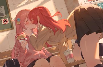2girls blush bocchi the rock! closed eyes drink food fruit gotou hitori kita ikuyo long hair milktea (gggrrr2000) pink hair ponytail red hair school uniform shoujo ai skirt strawberry