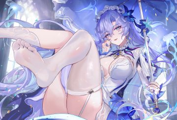 aqua eyes breasts cantarella (wuthering waves) cleavage dress garter belt headdress long hair purple hair stockings umbrella vardan wuthering waves