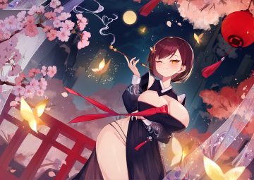 blush breast hold breasts butterfly cherry blossoms cleavage dress flowers kairu (pixiv44336160) night panties petals purple hair ribbons short hair smoking tree underwear wink yellow eyes