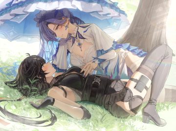 2girls black hair blush boots breasts cantarella (wuthering waves) cleavage dress female rover (wuthering waves) garter gloves hidulume long hair purple eyes purple hair shade shoujo ai thighhighs tree umbrella wuthering waves yellow eyes