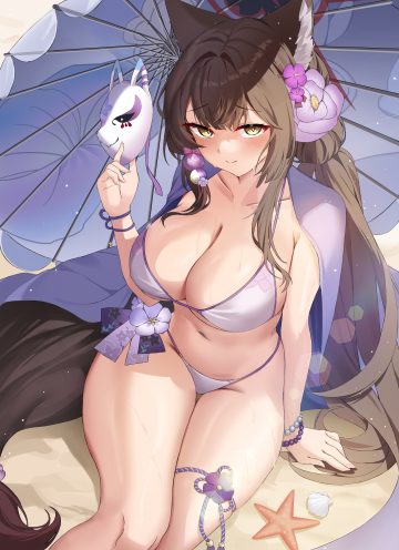nacho (nacho 1103) blue archive kosaka wakamo animal ears bikini garter halo japanese clothes kitsune swimsuits tail umbrella wet