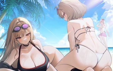 anis (nikke) ass beach bikini bottomless bow breasts brown eyes brown hair choker cleavage clouds glasses goddess of victory: nikke gray hair long hair mannermana neon (nikke) rapi (nikke) red eyes short hair skirt sky sunglasses swimsuit tree water wet
