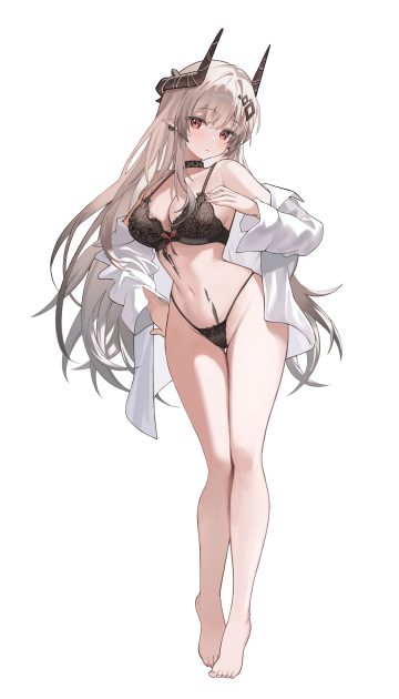shan (ti0n) arknights mudrock (arknights) bra dress shirt horns lingerie open shirt pantsu pointy ears thong