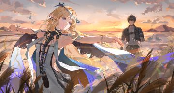 animal bird black hair blonde hair blue eyes cartethyia (wuthering waves) clouds dress gloves grass headdress hyonee long hair male male rover (wuthering waves) pointed ears red eyes short hair sky sunset wristwear wuthering waves