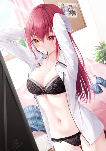 nagura shiro hololive houshou marine bra dress shirt heterochromia lingerie open shirt pantsu see through