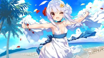 animal ears beach blush bow breasts choker cleavage clouds dj max dress no bra panties petals red eyes ribbons saeki touma see through sky suee summer dress tree underwear water wink wristwear