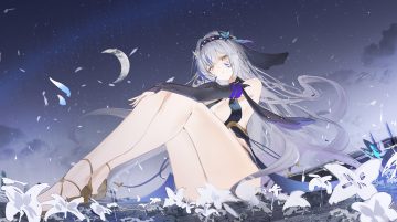 breasts butterfly cleavage clouds dress elbow gloves flantia flowers gloves gray hair headband long hair moon night original petals sky stars tattoo yellow eyes