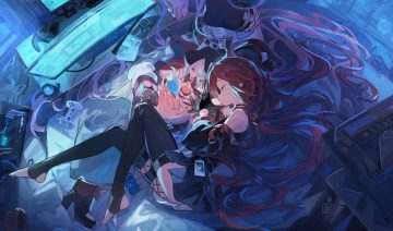 2girls aliasing barefoot choker computer dark dress fang gloves k3nzoteruya long hair panties phone pink hair red hair sleeping thighhighs underwear