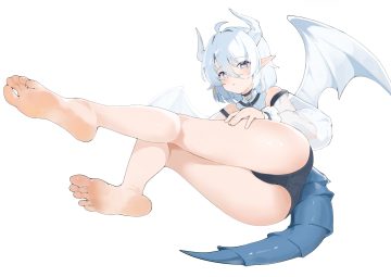 aliasing ass barefoot blue eyes choker horns kagemoe1003 pointed ears see through short hair tail white white hair wings