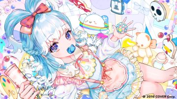 apron ball blue eyes blue hair bow braids dress hololive kobo kanaeru lolita fashion ponytail short hair sowon teddy bear watermark