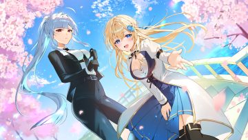 2girls azna blonde hair blue eyes blush boots bow braids breasts cherry blossoms cleavage dress flowers gloves gray hair long hair petals ponytail red eyes ribbons shirt sky spring stairs suit thighhighs tie tree water