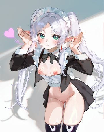 foolish potato sousou no frieren frieren breasts elf maid nipples no bra nopan pointy ears pussy pussy juice thighhighs uncensored