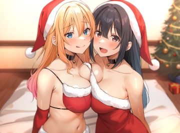 2girls bell black hair blonde hair blue eyes blush breasts brown eyes choker christmas dress hat long hair navel original shiitake taishi