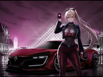 anthropomorphism azur lane blonde hair breasts building car city cleavage gloves jean bart (azur lane) kcar66t long hair night ponytail red eyes sky