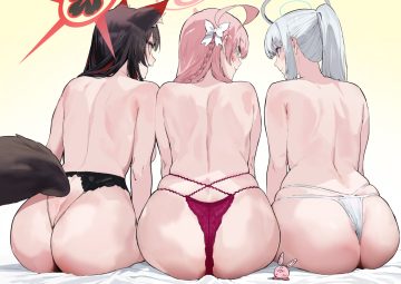 aliasing animal ears ass blue archive bow braids brown hair foxgirl gray hair halo iku (ikuchan kaoru) kosaka wakamo long hair panties pink hair ponytail tail topless underwear urawa hanako ushio noa