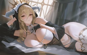 anthropomorphism azur lane blonde hair blush breast hold breasts cleavage dress gloves headdress horns implacable (azur lane) long hair navel nun panties red eyes rucarachi thighhighs underwear
