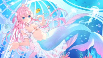 animal azna blue eyes blush breasts choker fish long hair mermaid navel pink hair see through underwater water
