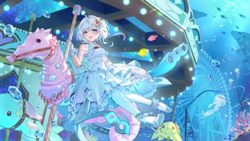animal azna blue eyes blush bubbles chinese clothes dress fish gloves lolita fashion pantyhose park short hair underwater water white hair