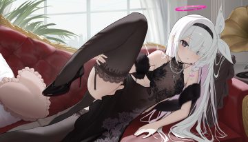 black eyes blue archive blush braids couch dress fangfangtu garter belt halo headband loli long hair necklace nopan plana (blue archive) spread legs stockings white hair