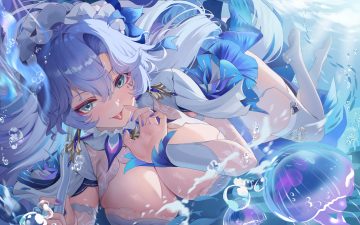 animal blue eyes blue hair breasts bubbles cantarella (wuthering waves) cleavage close dress fish garter belt headdress long hair stockings tattoo underwater water wuthering waves yaomiaomiao