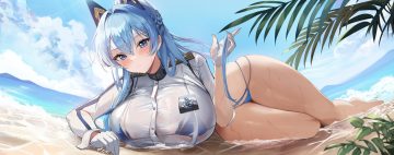 barefoot beach bikini blue eyes blue hair blush braids breasts clouds gloves goddess of victory: nikke helm (nikke) hido (cherryhido) leaves long hair military see through shirt sky swimsuit uniform water wet