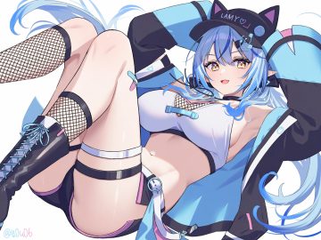 animal ears bandaid blue hair boots bow breasts choker cleavage fang garter hat hololive kneehighs long hair navel pointed ears shorts signed sports bra twintails yellow eyes you06 yukihana lamy