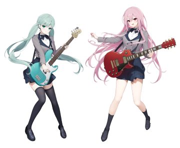 2girls blush bow green eyes green hair guitar instrument kneehighs long hair original pink hair red eyes school uniform shirt skirt thighhighs twintails white yeije