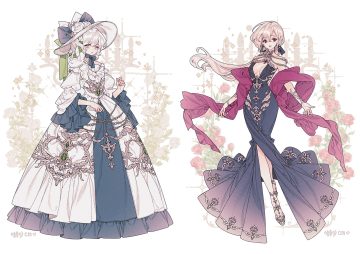 2girls blonde hair bow braids breasts chain choker dress flowers green eyes hat lemon89h lolita fashion long hair original purple eyes rose scarf signed white hair