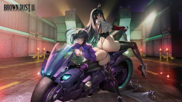 2girls ass bicolored eyes black hair breasts brown dust brown dust 2 elbow gloves gloves gun headband industrial leotard levia (brown dust) logo long hair luvencia (brown dust) motorcycle night no bra open shirt short hair tagme (artist) techgirl thighhighs watermark weapon