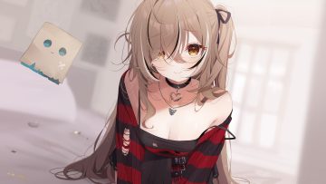 bed blush bow breasts brown eyes brown hair choker cleavage close deyui hololive long hair nanashi mumei necklace no bra ponytail skirt torn clothes