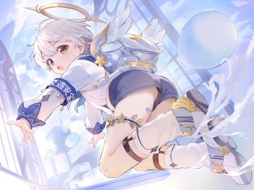 all male angel ass bandage bandaid blush brown eyes building clouds cocolo (co co lo) garter halo kneehighs male original school uniform shirt short hair shorts sky white hair wings