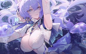 blue eyes blush breasts bubbles cantarella (wuthering waves) cleavage close kuroduki long hair purple hair underwater water wuthering waves