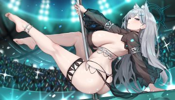 animal ears aoi sakura (seak5545) aqua eyes ass barefoot bikini blue archive breasts choker garter gray hair halo long hair shiroko (terror) (blue archive) sunaookami shiroko swimsuit wolfgirl