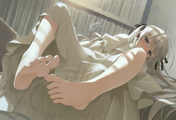 aliasing barefoot bow brown eyes close dress gray hair kasugano sora long hair signed spread legs twintails yosuga no sora youyueyue