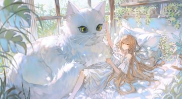 animal bed brown hair cat dress leaves long hair original paper sumi 0525 yellow eyes
