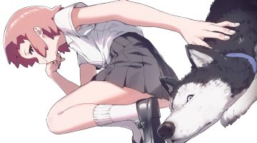 animal blue eyes brown hair dog hoplitx original school uniform shirt short hair skirt socks white