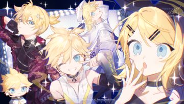 blonde hair blue eyes blush chibi choker gloves hat headphones kagamine len kagamine rin male microphone ponytail shiroraba short hair signed vocaloid wink