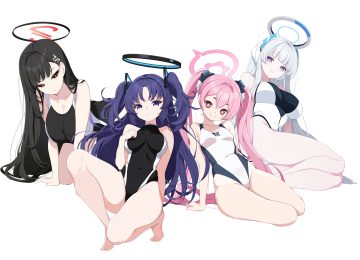 black hair blue archive blush breasts fang gray hair group halo hayase yuuka koflif kurosaki koyuki long hair pink eyes pink hair purple eyes purple hair red eyes sideboob swimsuit tsukatsuki rio twintails ushio noa white