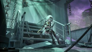 aliasing anby demara angel no shousou armor braids chain clouds dark dress gloves gray hair headband industrial night ruins short hair sky stairs thighhighs yellow eyes zenless zone zero