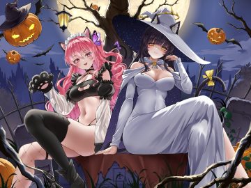 2girls animal animal ears bat black hair bow breasts cape catgirl cat smile choker cleavage clouds dress dstwins97 halloween hat headdress hood long hair moon navel night pink eyes pink hair ponytail pumpkin see through sky tail thighhighs tree witch witch hat yellow eyes