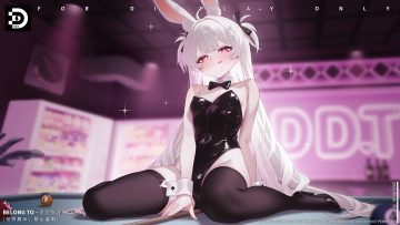 animal ears blush bow bunny ears bunnygirl leotard long hair mao shi shisan original red eyes thighhighs twintails watermark white hair wristwear