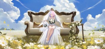 braids bunny choker clouds couch dress flowers grass headdress honkai impact honkai (series) leaves leotard loli orange eyes qijiu shi yu short hair sin mal (honkai impact) sky twintails wedding attire