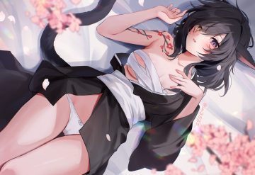 animal ears bandage bicolored eyes black hair breasts cameltoe catgirl cherry blossoms final fantasy final fantasy xiv flowers japanese clothes kimono miqo'te open shirt panties petals sarashi short hair signed su2525 tail tattoo underwear