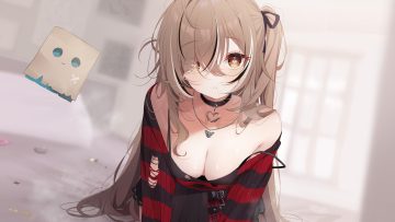 bed blush bow breasts brown eyes brown hair choker cleavage close deyui hololive long hair nanashi mumei necklace no bra ponytail skirt torn clothes