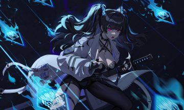 2v (joyeong) black hair breasts cleavage collar destiny child garter gloves katana long hair magic necklace purple eyes sword tagme (character) twintails weapon